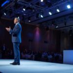 Seorang profesional berbicara di panggung dengan tim event organizer yang sedang bekerja di belakang layar.