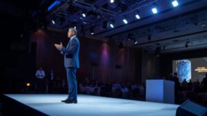 Seorang profesional berbicara di panggung dengan tim event organizer yang sedang bekerja di belakang layar.