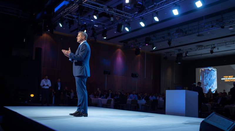 Seorang profesional berbicara di panggung dengan tim event organizer yang sedang bekerja di belakang layar.