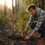 Seorang pria menanam pohon di tanah lapang sebagai simbol kesadaran lingkungan dan perubahan diri.