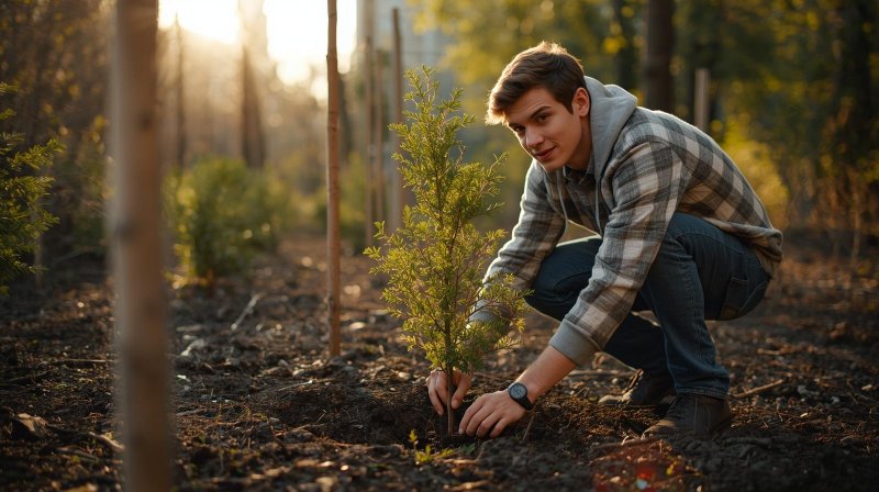 Seorang pria menanam pohon di tanah lapang sebagai simbol kesadaran lingkungan dan perubahan diri.