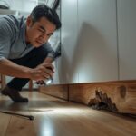 Kepala keluarga sedang menginspeksi ciri serangan hama kayu dan jalur lumpur rayap pada kitchen set