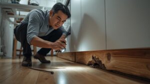Kepala keluarga sedang menginspeksi ciri serangan hama kayu dan jalur lumpur rayap pada kitchen set
