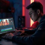 Editor video profesional Indonesia sedang menggunakan laptop terbaru Asus ProArt OLED untuk rendering video resolusi tinggi