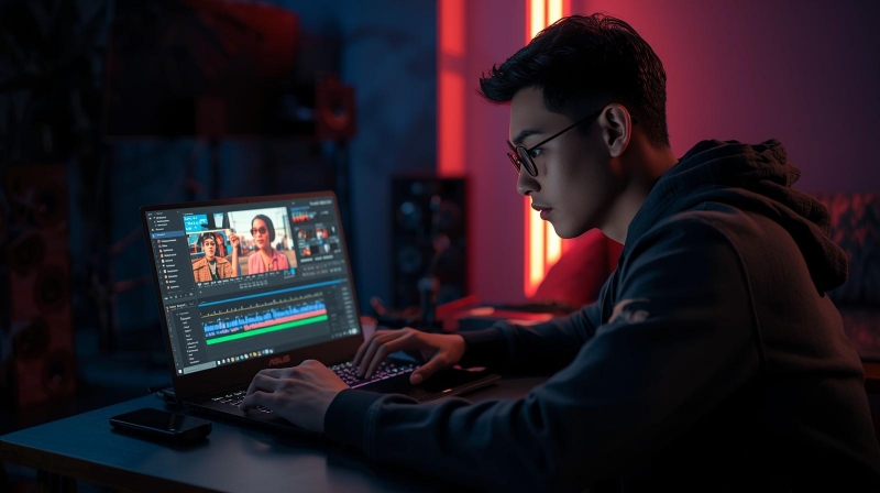 Editor video profesional Indonesia sedang menggunakan laptop terbaru Asus ProArt OLED untuk rendering video resolusi tinggi