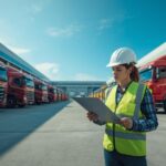 Deretan truk ekspedisi cargo di gudang logistik Indonesia siap kirim barang antar kota.