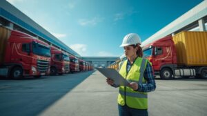 Deretan truk ekspedisi cargo di gudang logistik Indonesia siap kirim barang antar kota.