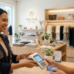 Pemilik kafe pria Indonesia melayani pembayaran menggunakan mesin EDC sambil memantau pesanan online di tablet.