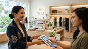 Pemilik kafe pria Indonesia melayani pembayaran menggunakan mesin EDC sambil memantau pesanan online di tablet.