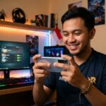 Pemain game online tersenyum saat berhasil mendapatkan item premium di smartphone miliknya