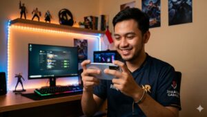 Pemain game online tersenyum saat berhasil mendapatkan item premium di smartphone miliknya