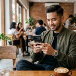 Pria Indonesia berpenampilan kasual sedang tersenyum memegang salah satu rekomendasi smartphone terbaik 2026.