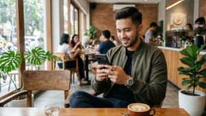 Pria Indonesia berpenampilan kasual sedang tersenyum memegang salah satu rekomendasi smartphone terbaik 2026.