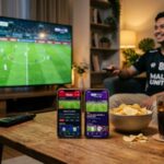 Seorang pria dewasa bersantai di sofa menonton situs live streaming bola legal di TV besar dan dua smartphone.