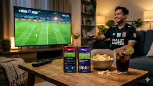 Seorang pria dewasa bersantai di sofa menonton situs live streaming bola legal di TV besar dan dua smartphone.