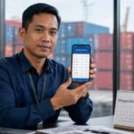 Manajer logistik mengecek jadwal distribusi untuk penyewaan kontainer pengiriman bisnis skala besar.
