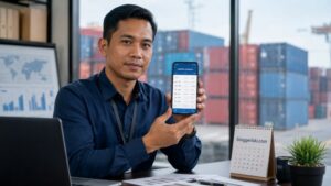 Manajer logistik mengecek jadwal distribusi untuk penyewaan kontainer pengiriman bisnis skala besar.
