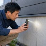 Pemilik rumah mengecek retakan pada fondasi beton yang berisiko menjadi jalur masuk rayap.