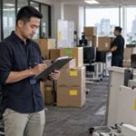 Koordinator memeriksa inventaris sebelum proses pindahan kantor.
