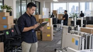 Koordinator memeriksa inventaris sebelum proses pindahan kantor.