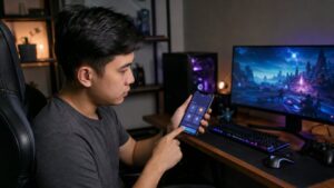 Pemain mengecek layanan top up MLBB melalui smartphone sebelum melakukan transaksi.