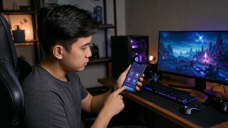 Pemain mengecek layanan top up MLBB melalui smartphone sebelum melakukan transaksi.