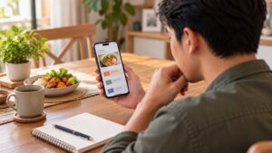 Laki-laki mengamati ponsel di meja makan dengan buku catatan dan pena. GoFood vs ShopeeFood