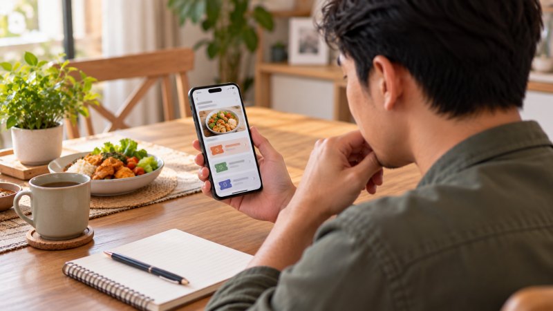 Laki-laki mengamati ponsel di meja makan dengan buku catatan dan pena. GoFood vs ShopeeFood