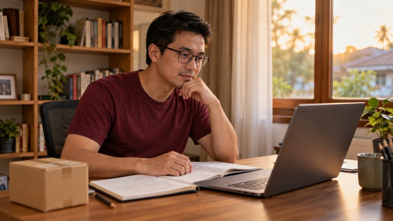 Ilustrasi belajar perbedaan algoritma dan pemrograman dengan laptop, buku catatan, dan kotak kecil di meja.