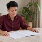 Pria berkemeja marun membaca berkas terbuka di meja.
