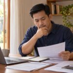 Pria mempelajari pilihan investasi untuk pemula dan kebutuhan perlindungan keluarga di meja kerja.