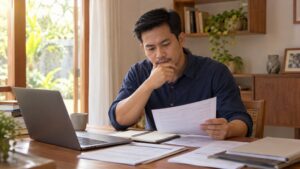 Pria mempelajari pilihan investasi untuk pemula dan kebutuhan perlindungan keluarga di meja kerja.